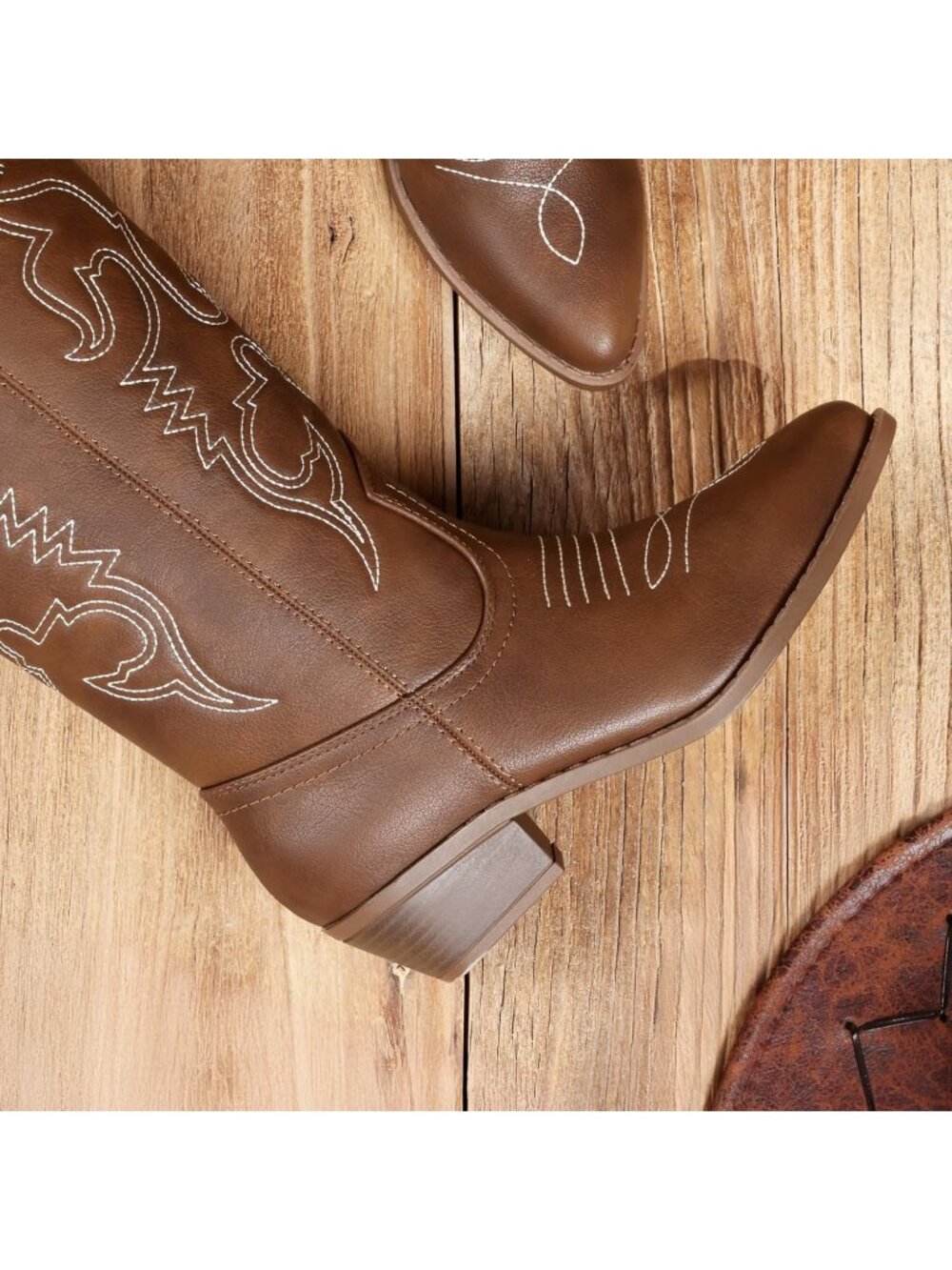 Women's Brown Faux Leather Mid Calf Classic Comfort Boots - Picture 4 of 6